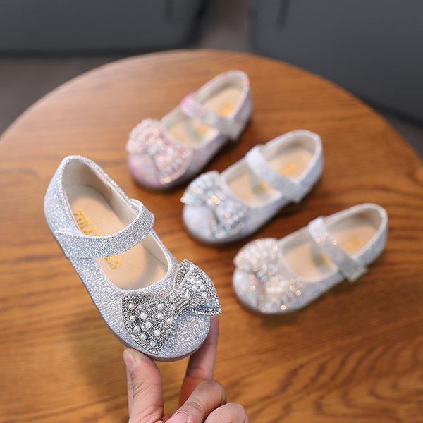 

flat shoes little girl princess bling pink silver gold children leather kids bowknot single chaussure fille 3-7t, Black;grey