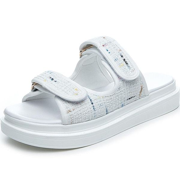 

swyivy knitting platform summer shoes women slippers flat 2021 white for casual, Black