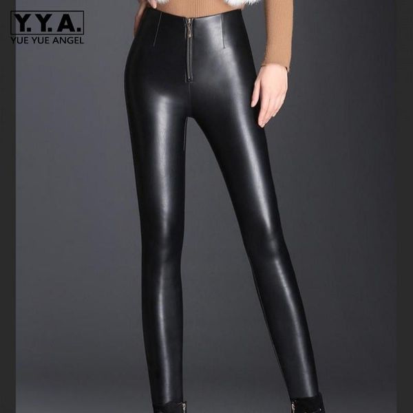 

women's pants & capris fashion zipper skinny pu leather women warm high waist elastic trousers street punk office lady plus size 5xl, Black;white