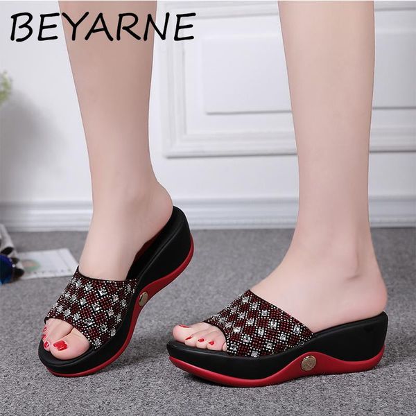 

slippers beyarne genuine leather women's shoes summer platform sandals plus size 40 rhinestone casual wedges slides e231, Black