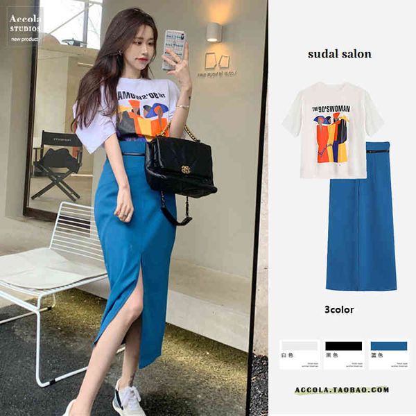 

women's sweaters salt style fried street summer younger woman's suit printed fashion short sleeve bubble t-shirt split hip skirt t, White;black