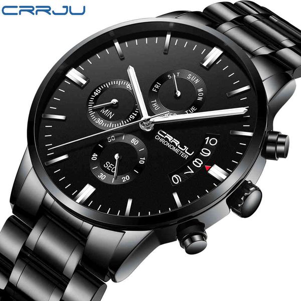 

crrju men's business casual stainless steel wristwatch multifunctional chronograph quartz watches for man fashion clock gift 210517, Slivery;brown