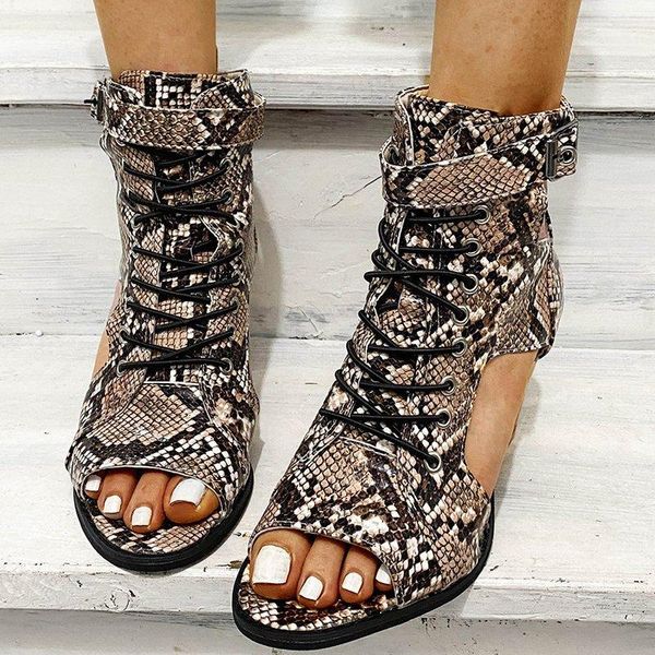 

dress shoes snake pattern lace up sandals women peep toe thick high heels summer female sandal heel ankle strap, Black