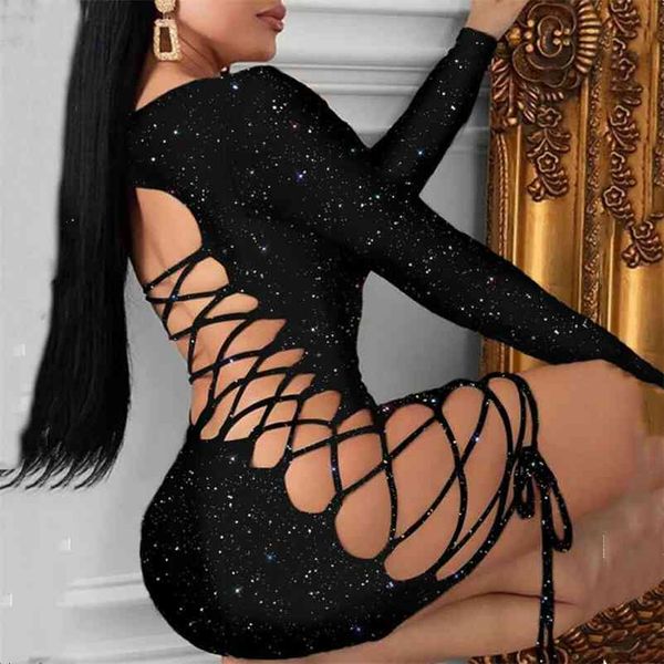 Bahar Kadın Elbise Elbise Siyah Uzun Kollu Seksi Lady Bodycon Hollow Kısa Elbiseler Parti Gece Kulübü Yaz Vestido 210409