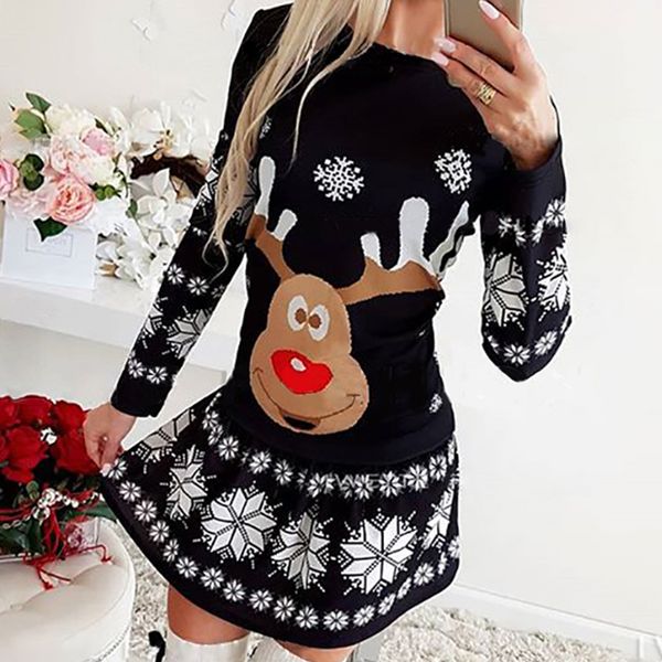 

2021christmas autumn new fashion elk print dress 2021 elegant long sleeve o neck party dresses women casual loose mini dress vestido, Black;gray