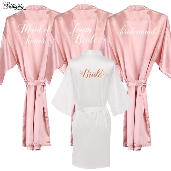 Koyu Allık Pembe Gelin Saten Robe Kadınlar Pijama Gül Altın Beyaz Yazma Düğün Nedime Hediye Hediye Hukuk Takımında Gelin Robes 210831