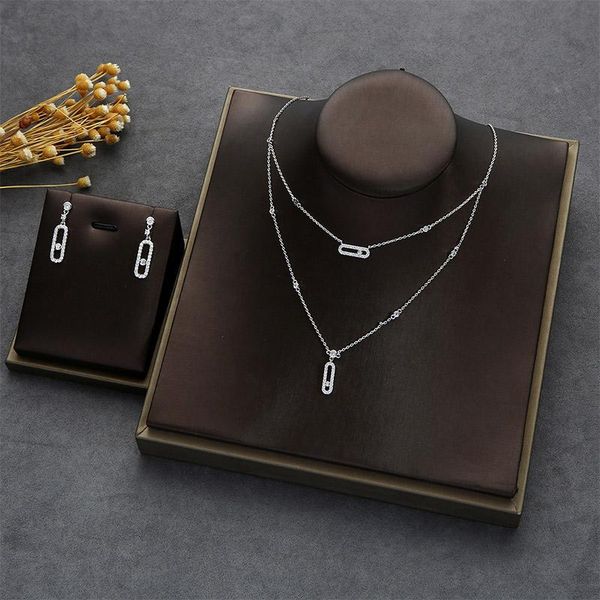 

earrings & necklace fashion accessories set bridal wedding plated gold full rhinestone geometric double pendant ring, Silver