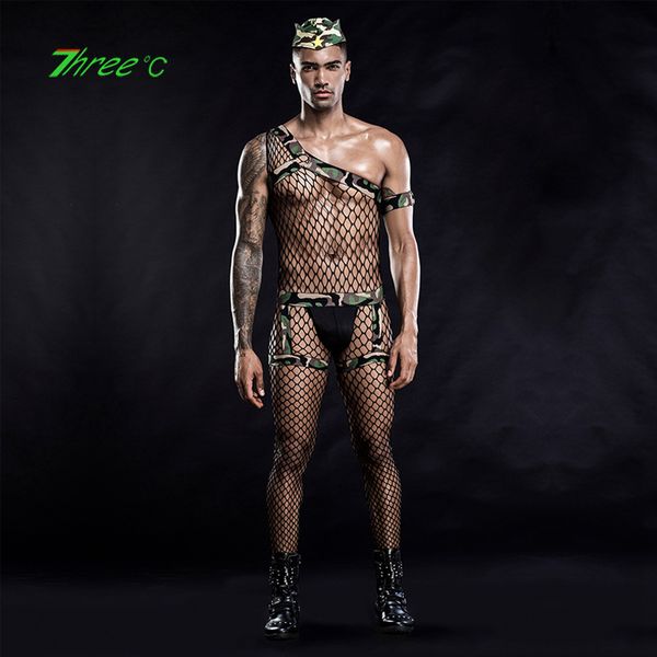 

mens camouflage lingerie army soldier cosplay uniform nightclub performance costume fishnet bodysuit gay man body stocking, Black;white