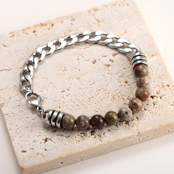 

link, chain 8mm natural stone beads couples bracelets women's hand friend men bracelet stainless steel homme, Black