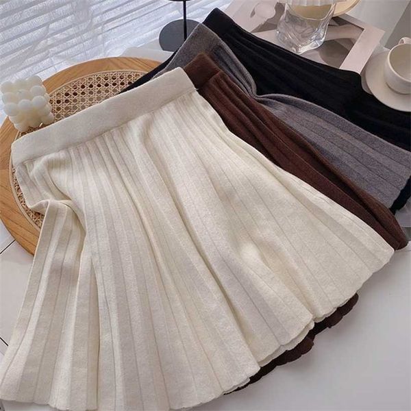 

casual women mini skirt ladies winter slim korean elastic high waist a-line solid knitting pleated skirts preppy streetwear 211124, Black
