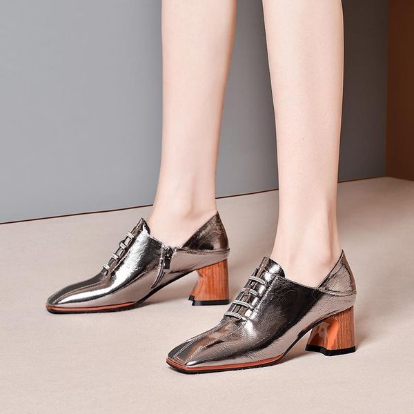 

metal leather shoes genuine wood heels casual for women square toe lace up zip woman pumps spring 2021 dress, Black