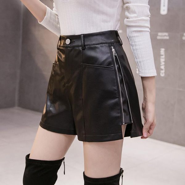 

women's pants & capris product autumn and winter leather shorts high waist loose wide leg a-line outer wear net red boots, Black;white