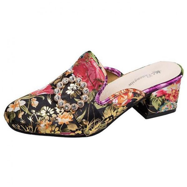

retro square heel women slippers flower embroider summer shoes fashion thick sole slides comfortable zapatillas mujer casa, Black
