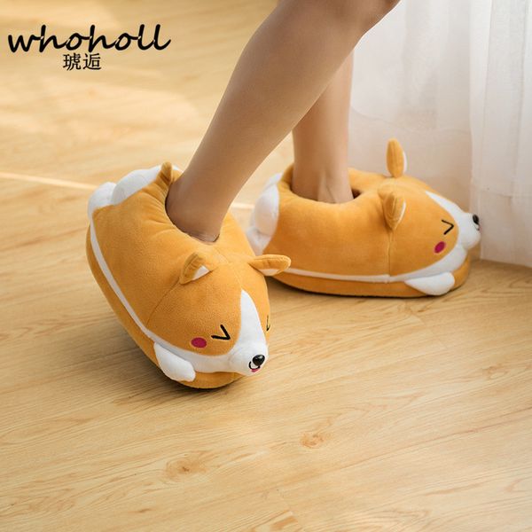 

homen slippers female winter plush corgi slippers warm women floor indoor shoes cute funny slippers flat zapatillas woman k722, Black