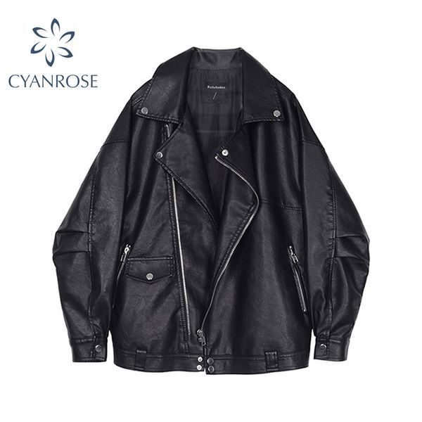 Jaqueta de couro PU Mulheres Outono inverno solto clássico namorado feminino zíper feminino casaco de couro outwear preto casaco de motocicleta preto 210417