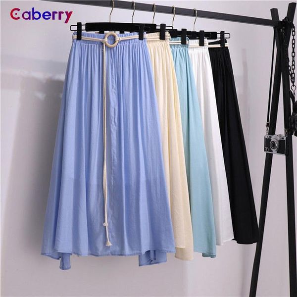 

skirts woman cotton elastic high waist solid summer skirt with belt female all-match mid-length a-line bottoms, Black