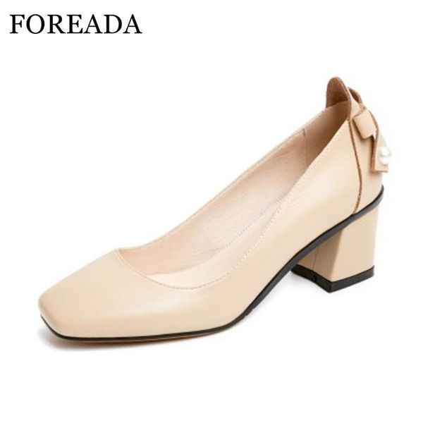 

genuine leather shoes women pumps high heels bow square toe chunky heel apricot black plus size 9 41 42 dress