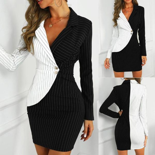 

casual dresses autumn winter women bodycon dress black white spliced long sleeve button office lady suit work formal d5, Black;gray