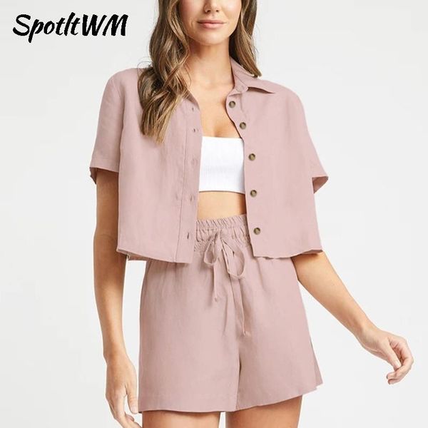 

women's tracksuits spotltwm cotton women suit summer harajuru solid short sleeve crop shirt + high waist shorts two pics pajamas loung, Gray