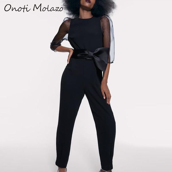 

women's jumpsuits & rompers onoti molazo casual women bow tied mesh sleeve elegant ladies female 2021 autumn fashion, Black;white