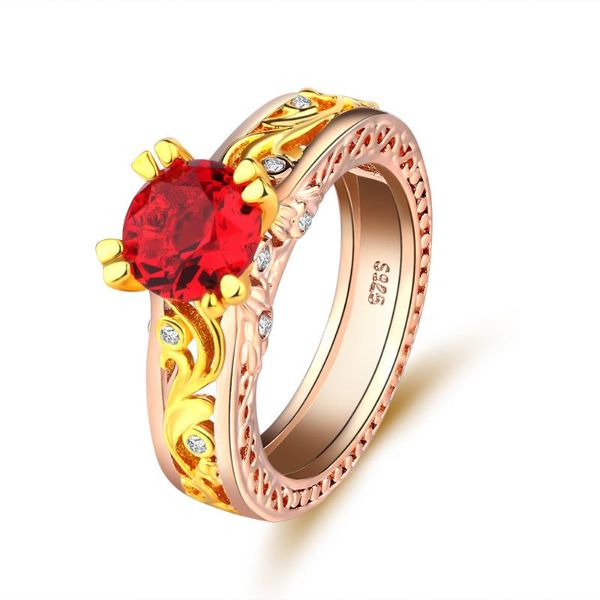 

wedding rings red zircon engagement for women rose gold color 925 silver female flower vine shape crystals fashion jewelry, Slivery;golden