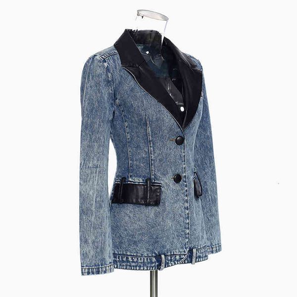

women's suits & blazers [eam] women pu leather stitch denim blazer notched long sleeve loose fit jacket fashion spring autumn 2022 1dd2, White;black