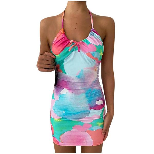 

casual dresses backless mini halter short dress summer holiday party beach skinny tie-dye print sleeveless, Black;gray