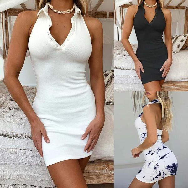 

casual dresses summer style korean version of slim woman dress explode small lapel hanging neck chest tie thread pit bag buttock lady, Black;gray