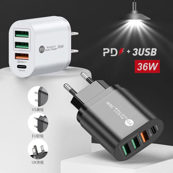 Caricatore per telefono cellulare a ricarica rapida PD36W 5V4A Testina di ricarica adattatore multiporta standard europeo e americano PD + 3USB per iPhone 13 8 6