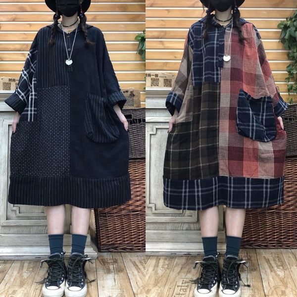 

superaen autumn 2021 retro plaid patchwork o neck plus size slim dress for women casual dresses, Black;gray