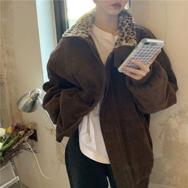 

women's down & parkas winter jackets leopard patchwork corduroy jacket fashion coat warm loose casual outwear elegant clothes women, Black