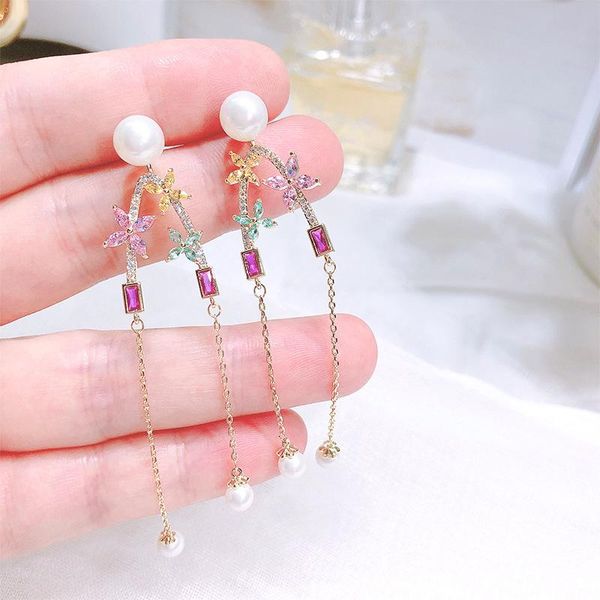 

dangle & chandelier long tassel pearl jewelry colorful zirconia sweet flower stud earrings romantic love gift gold-plated, Silver