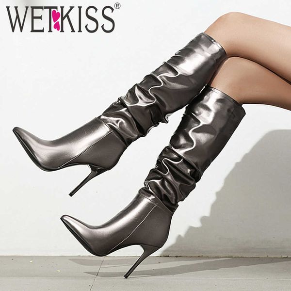 

wetkiss glossy metal pu women knee high boots pointed toe thin high heel pleated shoes ladies slouchy autumn winter boots 210630, Black