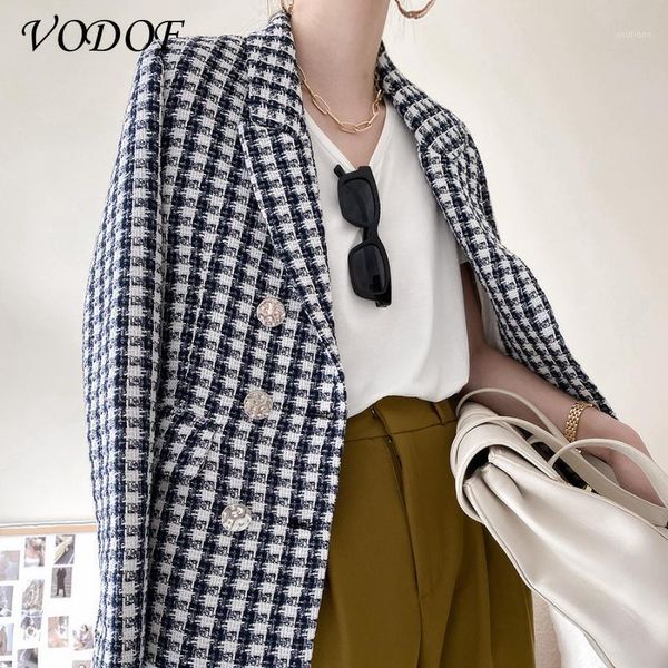 

women's wool & blends vodof vintage suit woolen jacket belt double-breasted plaid blazer long sleeve pocket ladies 2021, Black