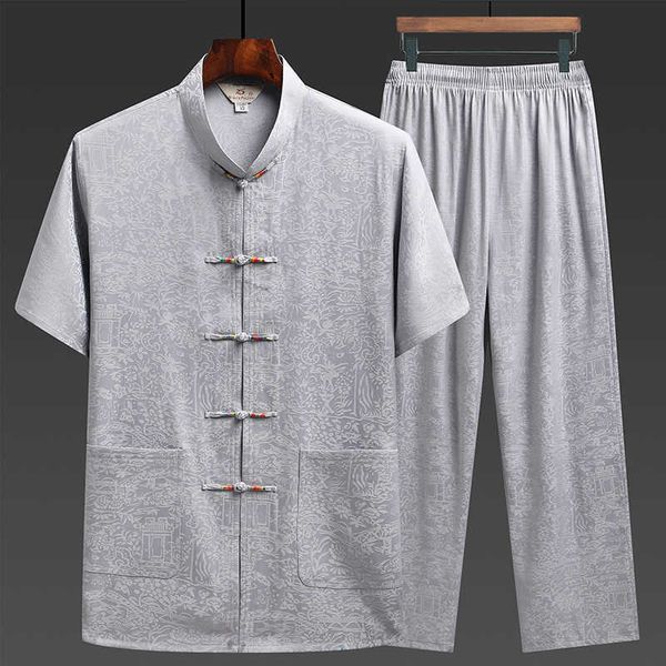 

men's tang suit hanfu silk ice summer thin home clothes, Gray