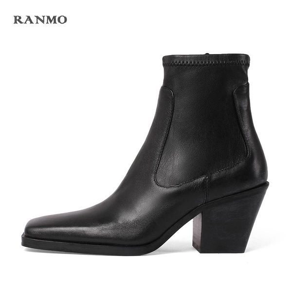 

boots western punk autumn winter strange high heel black leather square toe mature shoes women 2021 ankle cowboy for