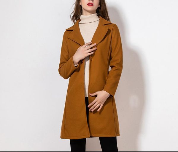 

women's wool & blends long slim blend outerwear lady overcoat coat one breasted women trench autumn winter jacket clothes elegant, Black
