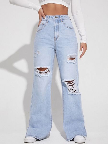 

high waist ripped jeans x4m8#, Blue