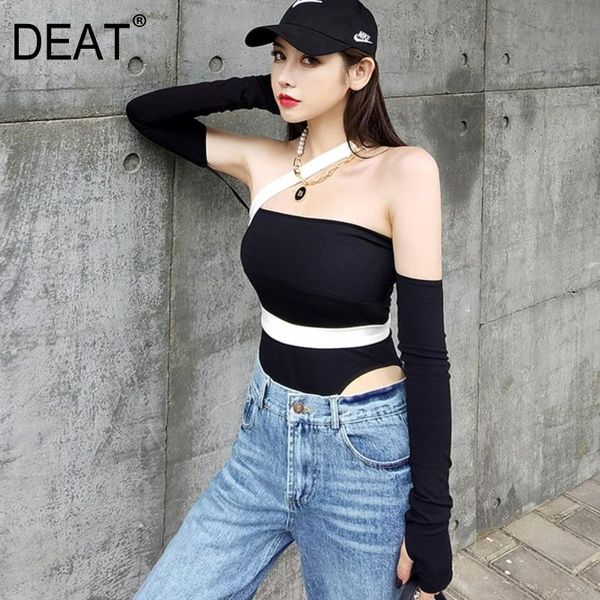 

women's t-shirt [deat] women black patchwork backless bandage slash neck long sleeve slim fit fashion tide summer 2021 7e7763, White