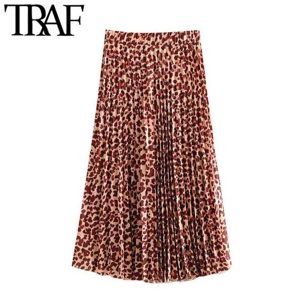 

traf women chic fashion leopard print pleated midi skirt vintage high elastic waist animal pattern female skirts mujer 210629, Black