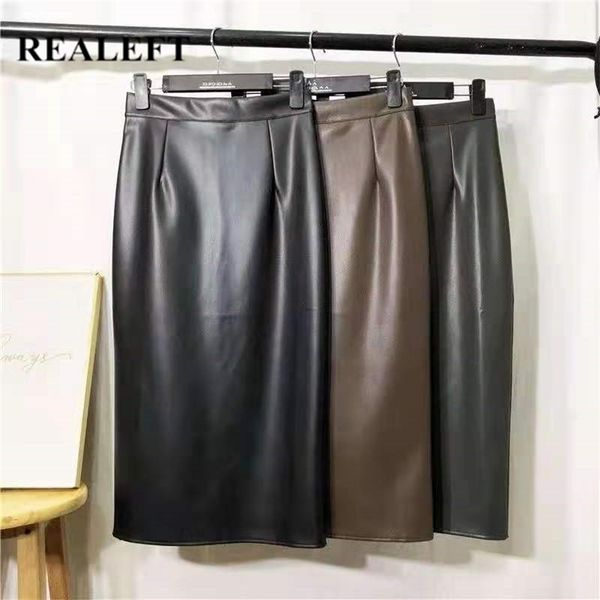 REALEFT Herbst Winter PU Faxu Leder Frauen Mi-lange Wrap Röcke Hohe Taille Zurück Split Mantel Bleistift Sexy Rock weibliche 211120