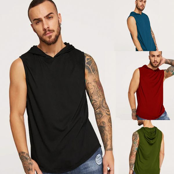 

mens hoodies tank sleeveless muscle gym sport slim vest bodybuilding hooded hip hop streetwear workout elastic men tanktop, White;black
