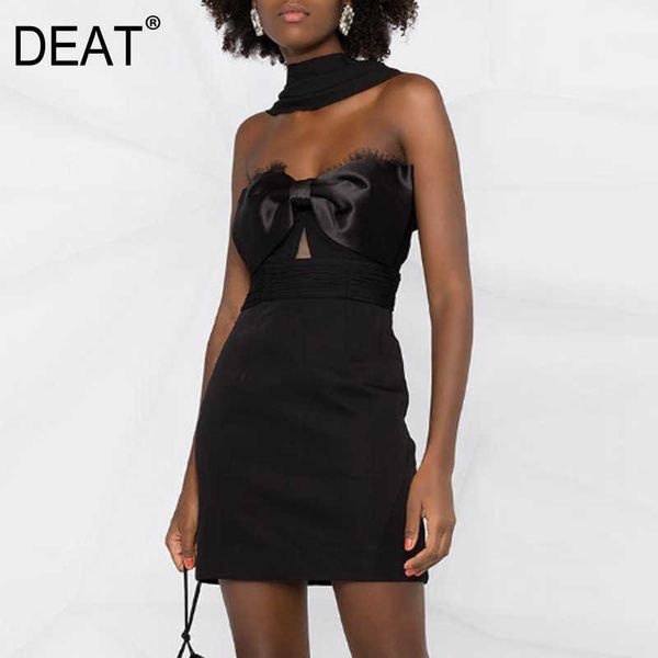 

[deat] summer fashion hanging neck high waist breast wrap bow sleeveless temperament dress women 13d132 210527, Black;gray