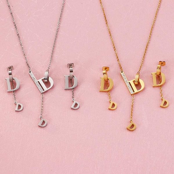 

earrings & necklace minar unique design gold color letter d pendant for women exquisite rhinestone dangle earings jewelry accessories, Silver