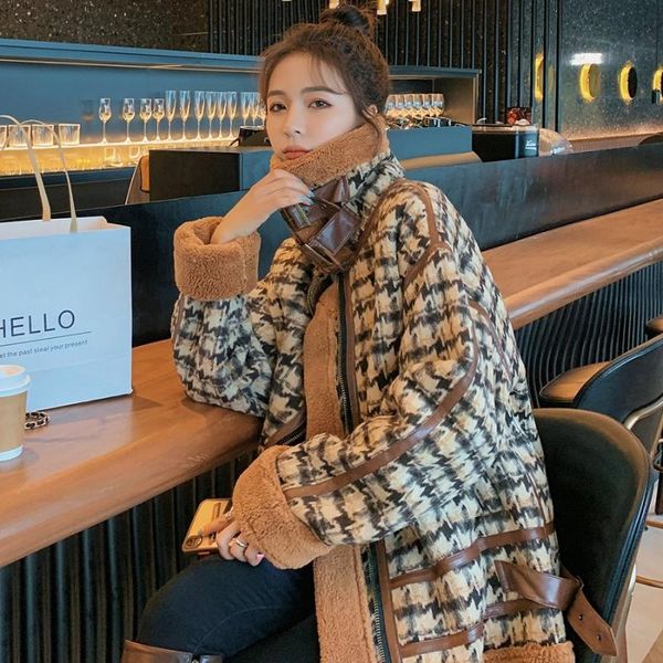 

women's jackets lambskin fur coat female autumn and winter all-match korean version of loose plus velvet padded jacket motorcycle cloth, Black;brown