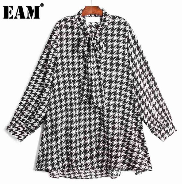 

[eam] women black big size plaid chiffon mid-length blouse bow lapel long sleeve loose shirt fashion spring summer 1dd8195 21512, White