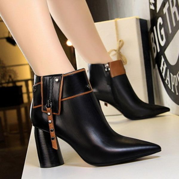 

boots women motorcycle ankle ladies solid color pumps fashion female pointed toe casual rock short, Black