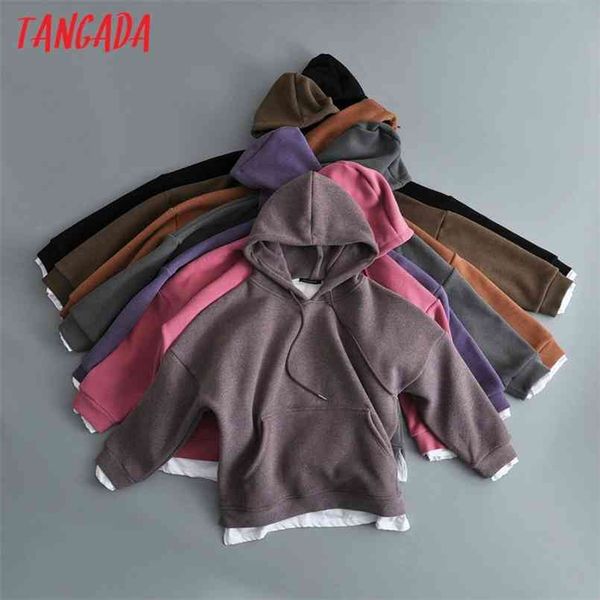 

tangada women woolen hoodie sweatshirts inside lalambswool warm pocket winter oversize female patchwork hooded 7m1 210813, Black