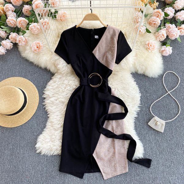 

two piece dress women's 2021 summer fashion patchwork short sleeve v-neck belted high waist cross front split korean ol work hwfz, White