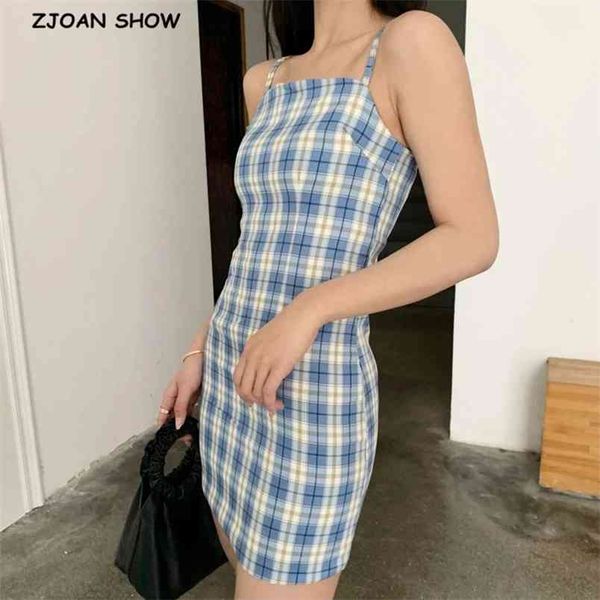 

women blue white gingham check plaid spaghetti strap mini dress girl's slash collar slim waist sling short dresses vintage 210429, Black;gray